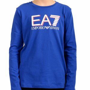 Emporio Armani EA7 Boys Bright Blue Long Sleeve Logo Print Crewneck T-Shirt